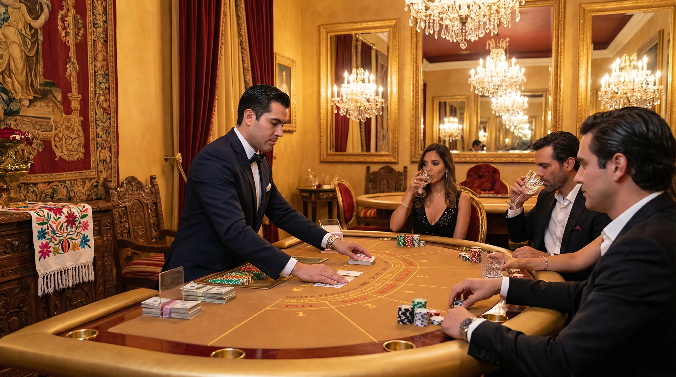 Mesa de bacará elegante con crupier profesional y fichas doradas