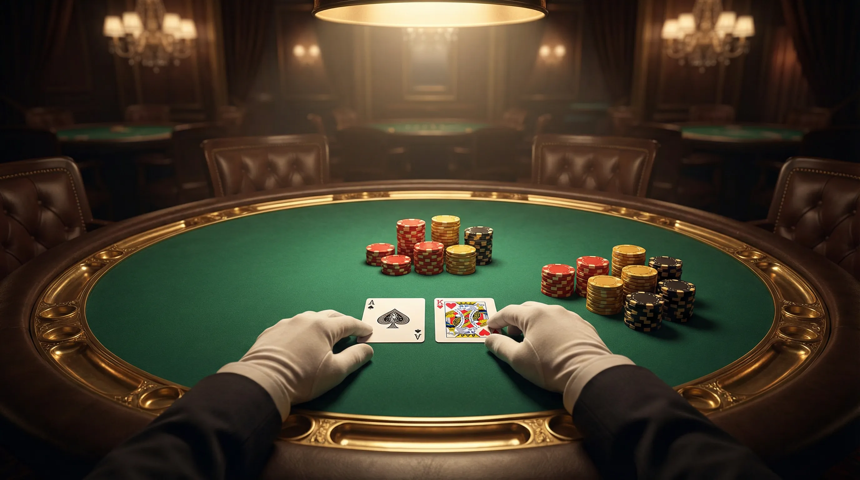 Mesa de blackjack VIP con cartas y fichas doradas en 777 Casino